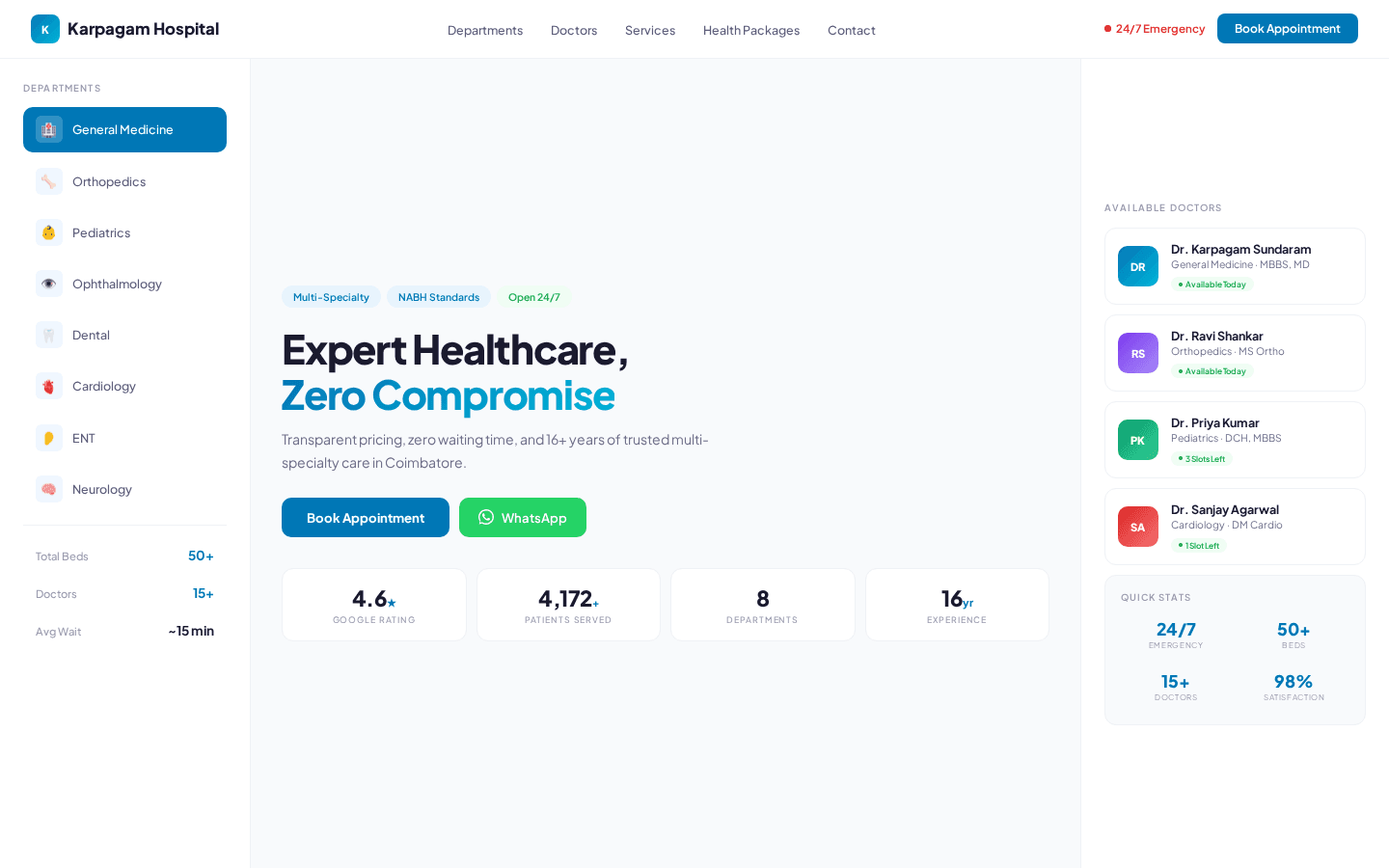 Karpagam Hospital — live website by HG Studio